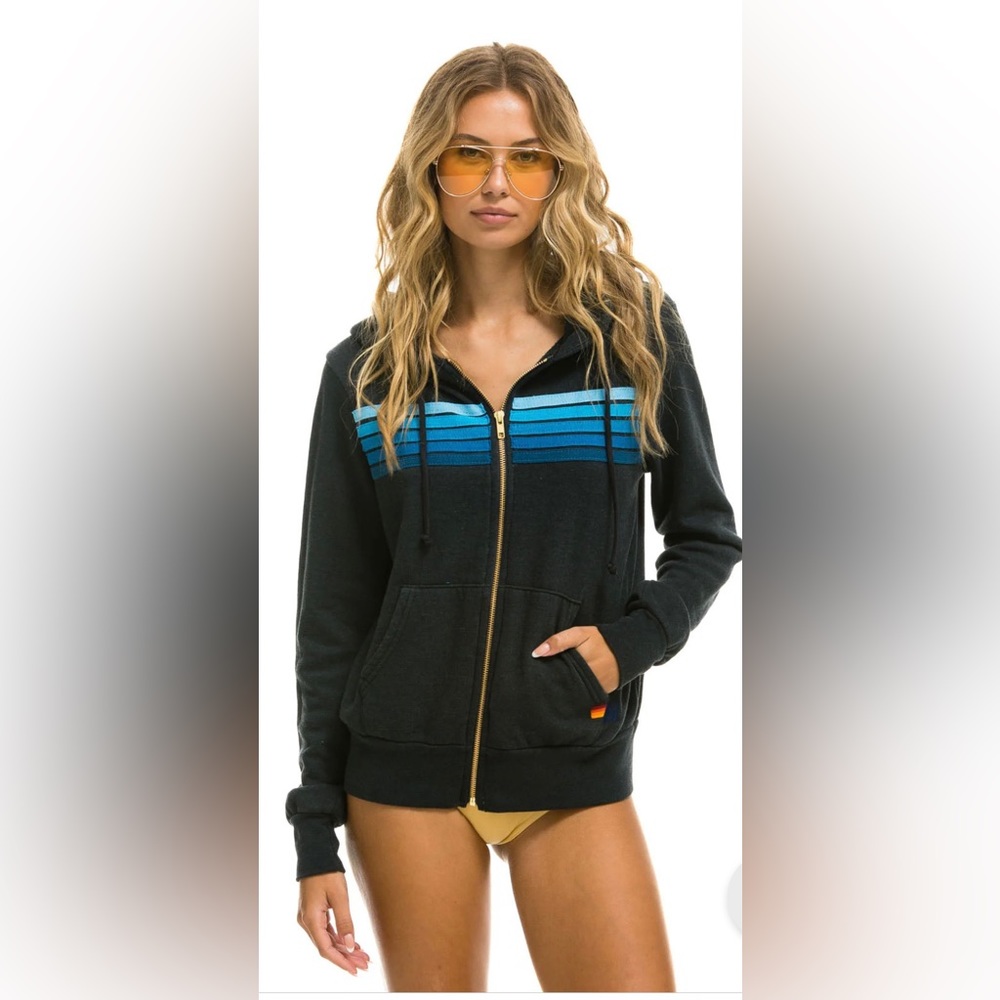 Aviator Nation 5 Stripe Hoodie - Charcoal/Blue Size Medium